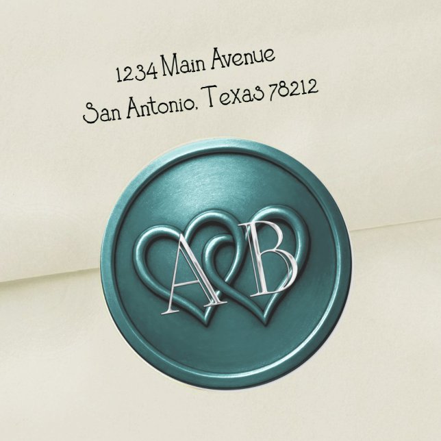 Sticker Rond Teal Two Hearts Silver Monogram Wedding (Créateur téléchargé)