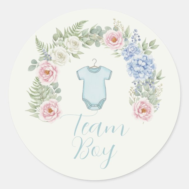 Sticker Rond Team Boy Floral Wreath Gender Reveal (Devant)