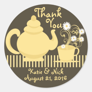 Sticker Rond Teapot et marguerites Jaune et Brown