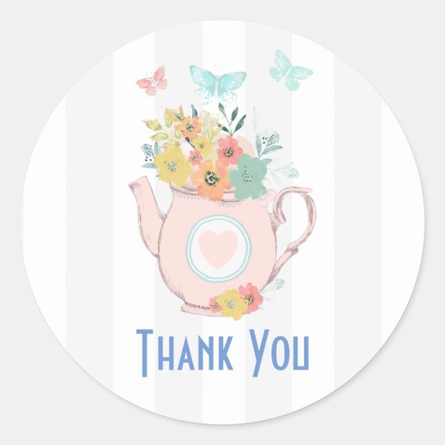 Sticker Rond Teapot rose avec Fleurs et Papillons Merci (Devant)