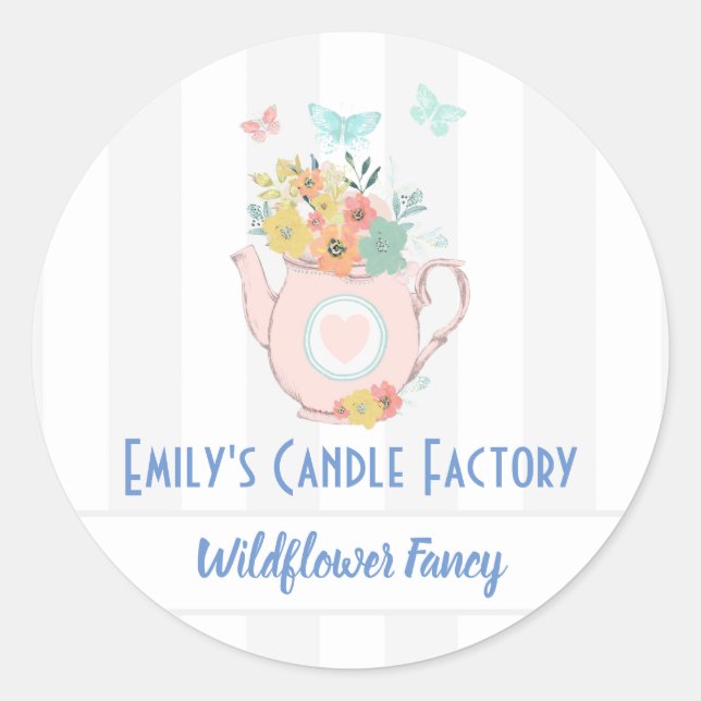 Sticker Rond Teapot rose avec Fleurs et Papillons Nom parfum (Devant)