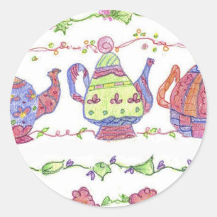 Sticker Rond Teapots Tea Time Flowers