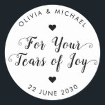 Sticker Rond Tears of Joy Modern Elegant Rustic Mariage Tissu<br><div class="desc">Un Sticker Mariage classique en Tissu Noir avec "For Your Tears of Joy" dans une calligraphie de police moderne et rustique. Vous pouvez facilement le personnaliser avec vos noms et date mariage.</div>