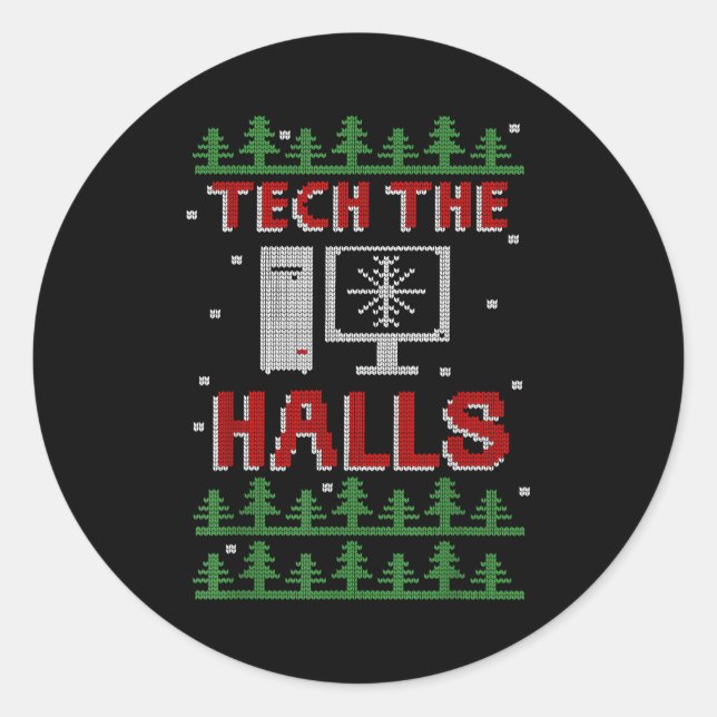 Sticker Rond Tech The Halls Ugly Computer Geek Festive Christma (Devant)