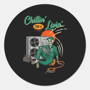 Sticker Rond Technicien CVC drôle de squelette qui se détend po