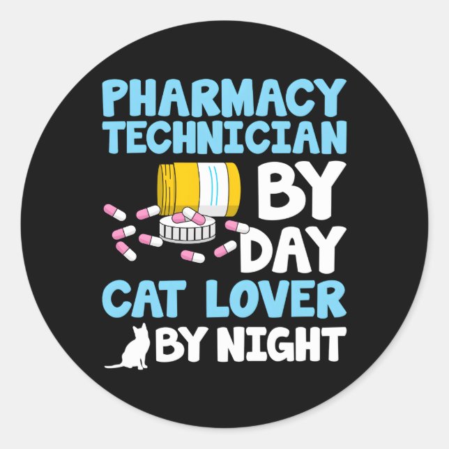 Sticker Rond Technicien En Pharmacie Par Jour Chat Pharmaciste  (Devant)