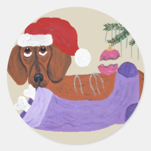 Sticker Rond Teckel avec le bas de Noël