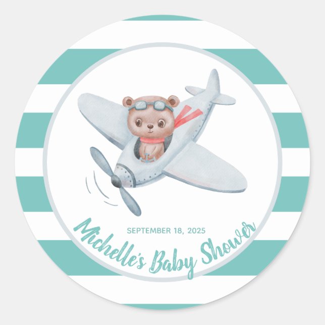 Sticker Rond Teddy Bear Airplane Baby Shower Genre Neutre   (Devant)