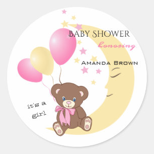 Sticker Rond Teddy Bear assis sur la lune  Baby Girl Shower