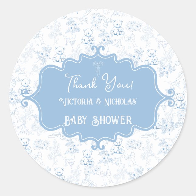 Sticker Rond Teddy Bear Baby shower Toile Merci bleu (Devant)