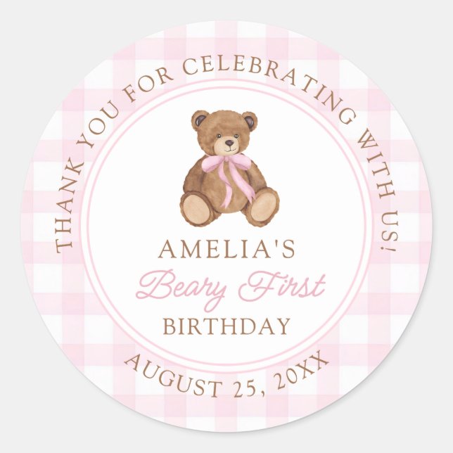 Sticker Rond Teddy Bear Beary First 1st Birthday Party (Devant)