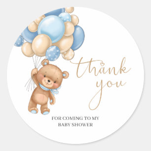 Sticker Rond Teddy Bear Blue Balloons Baby Shower Thank You