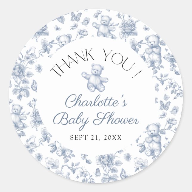 Sticker Rond Teddy Bear Blue Toile Boy Baby shower Merci (Devant)