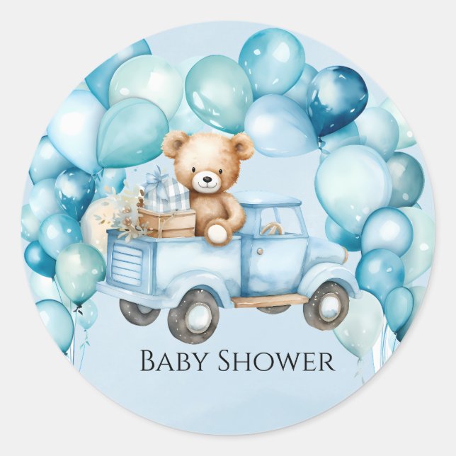 Sticker Rond Teddy Bear Blue Vintage Truck Baby shower garçon (Devant)
