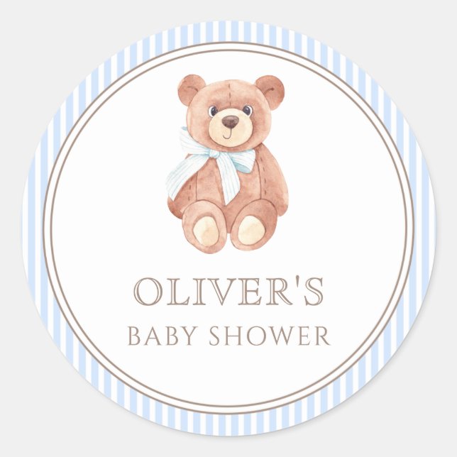 Sticker Rond Teddy Bear Boy Classic Baby shower Party (Devant)