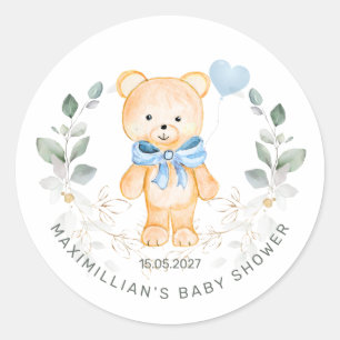 Sticker Rond Teddy Bear Boy Green Baby shower de feuillage