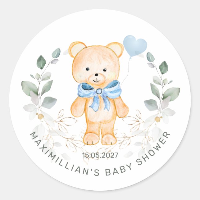Sticker Rond Teddy Bear Boy Green Baby shower de feuillage (Devant)