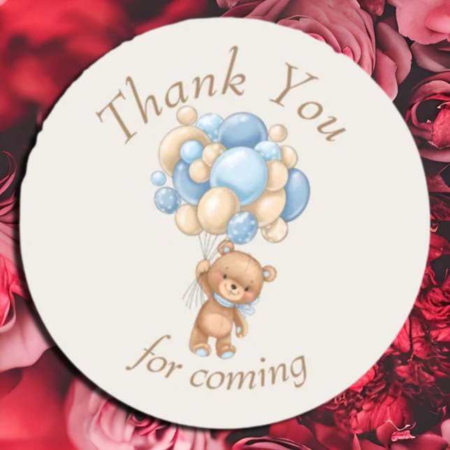 Sticker Rond Teddy Bear Brown Balloons Merci (elegant, rustic,  boy, girl,  gender neutral ,  cute,  baby shower teddy beary cute,   )