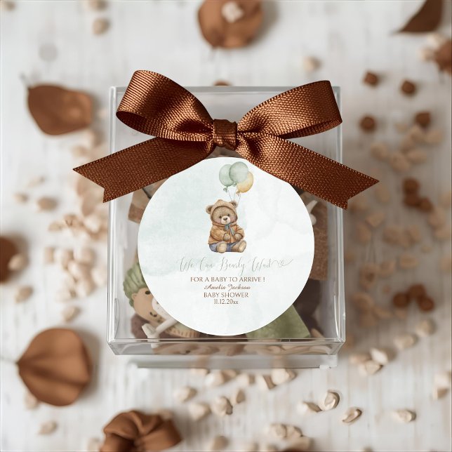 Sticker Rond Teddy Bear Brown Sage Green Balloons Baby (Créateur téléchargé)