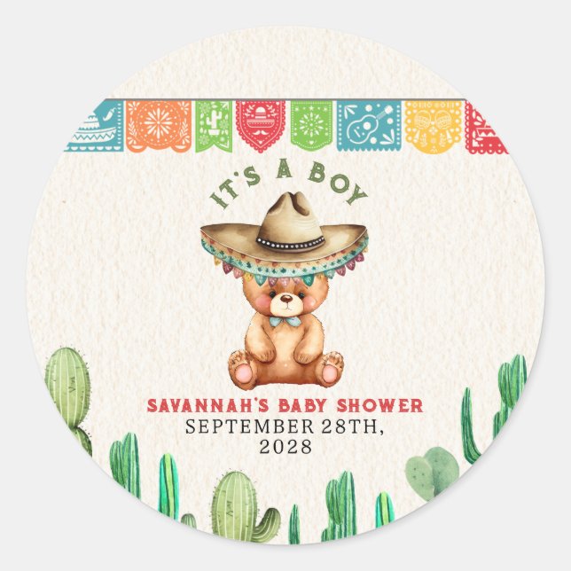 Sticker Rond Teddy Bear Cactus Boy Baby shower Fiesta (Devant)
