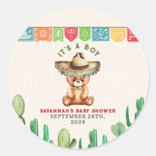 Sticker Rond Teddy Bear Cactus Boy Baby shower Fiesta