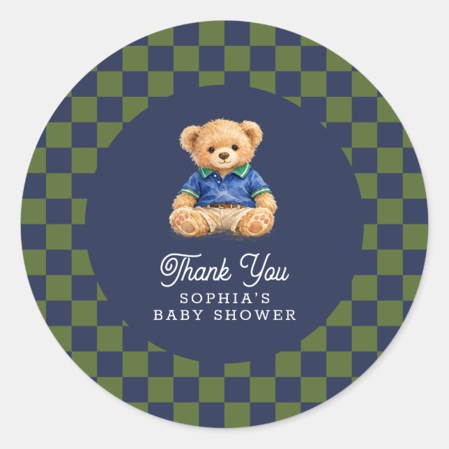 Sticker Rond Teddy Bear Checkboard Retro Baby Shower (Devant)