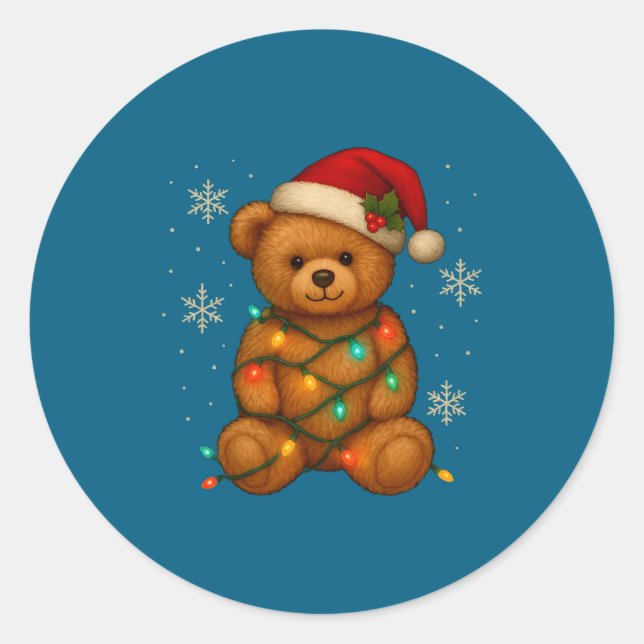 Sticker Rond Teddy Bear Christmas Tree Lights Santa Hat For Bea (Devant)