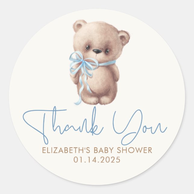Sticker Rond Teddy Bear Cute Bleu Baby shower Brown Merci (Devant)