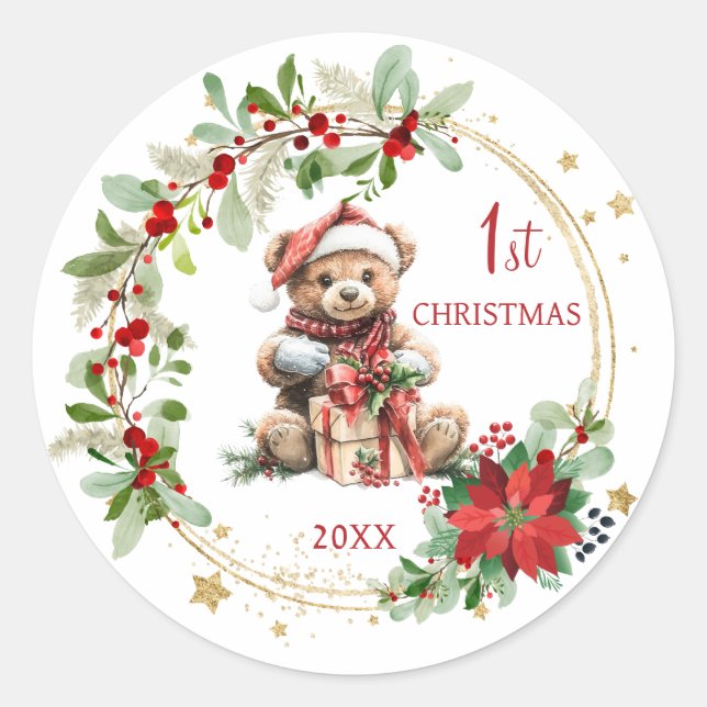Sticker Rond Teddy Bear Foliage Poinsettia Bébé 1er Noël (Devant)