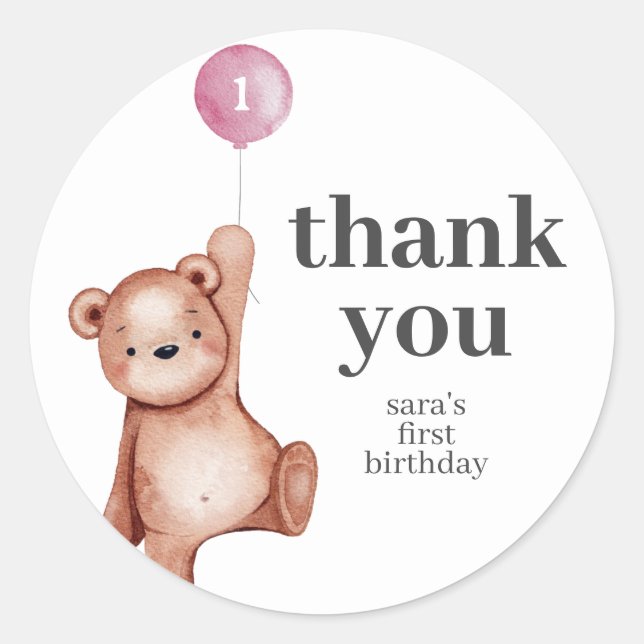 Sticker Rond Teddy Bear Girl First Birthday Party Favoriser (Devant)