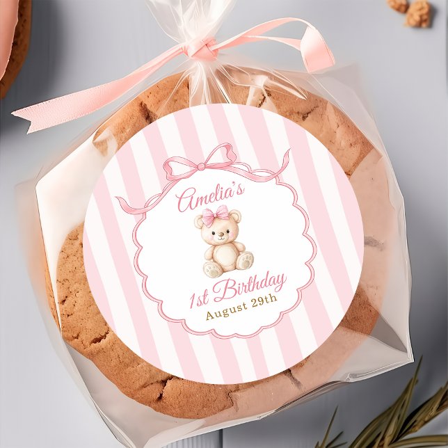 Sticker Rond Teddy Bear Girls Pink Bow Stripes 1st Birthday (Créateur téléchargé)