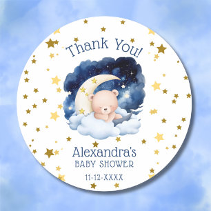 Sticker Rond Teddy Bear Gold Stars Lune Baby shower Merci