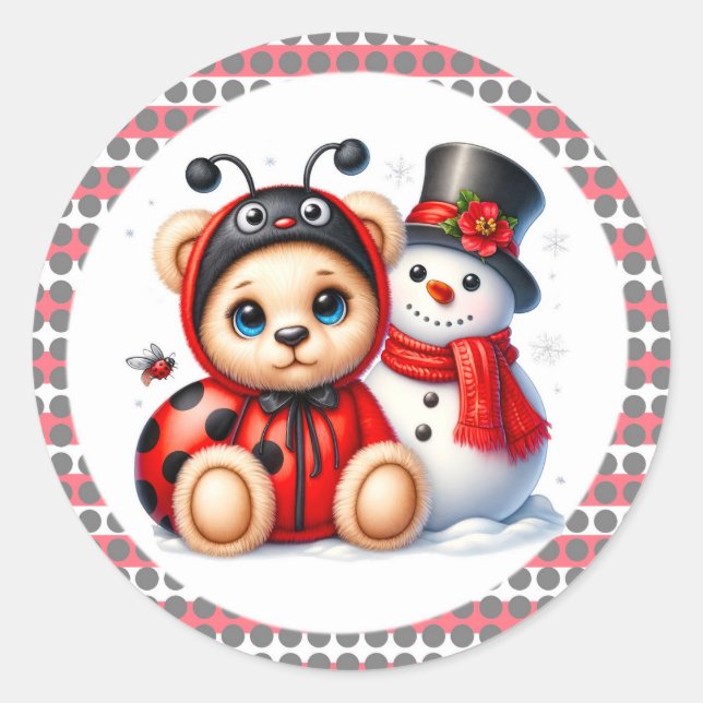 Sticker Rond Teddy Bear Ladybug avec Baby shower Snowman (Devant)