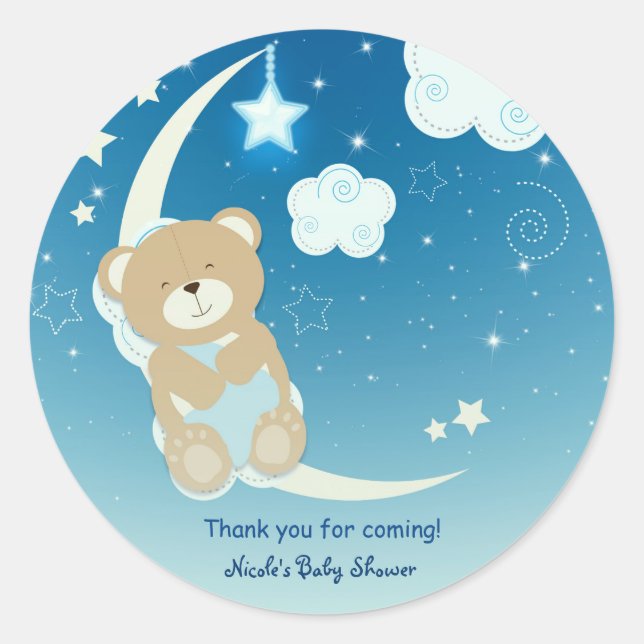Sticker Rond Teddy Bear Moon & Stars Baby shower Personnalisé F (Devant)