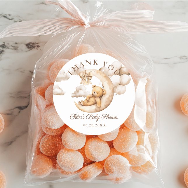 Sticker Rond Teddy Bear Over the Moon Baby shower Favor neutre (Teddy Bear Over the Moon Baby Shower Neutral Classic Round Sticker)