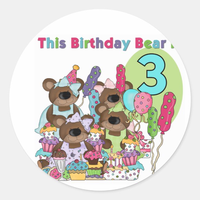 Sticker Rond Teddy Bear Party 3e Anniversaire Tshirts et cadeau (Devant)