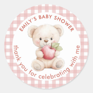 Sticker Rond Teddy Bear Pomme En vichy Baby shower Merci