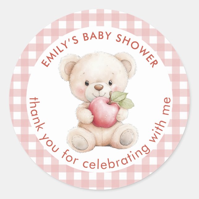 Sticker Rond Teddy Bear Pomme En vichy Baby shower Merci (Devant)