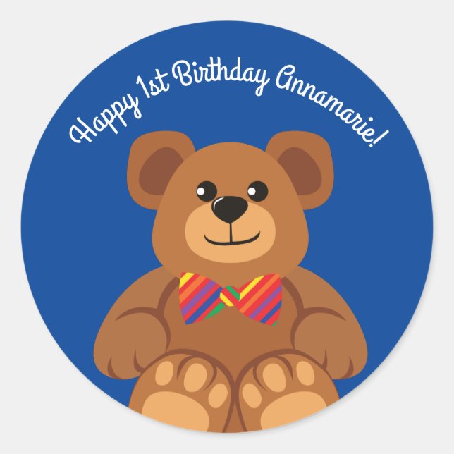 Sticker Rond Teddy Bear Rainbow Cute 1ère fête anniversaire (Devant)