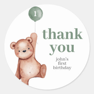 Sticker Rond Teddy Bear Sage Vert Première fête d'anniversaire