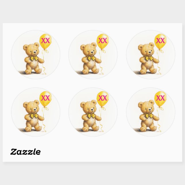 Sticker Rond Teddy Bear w Balloon, Add Number, Custom  (Feuille)