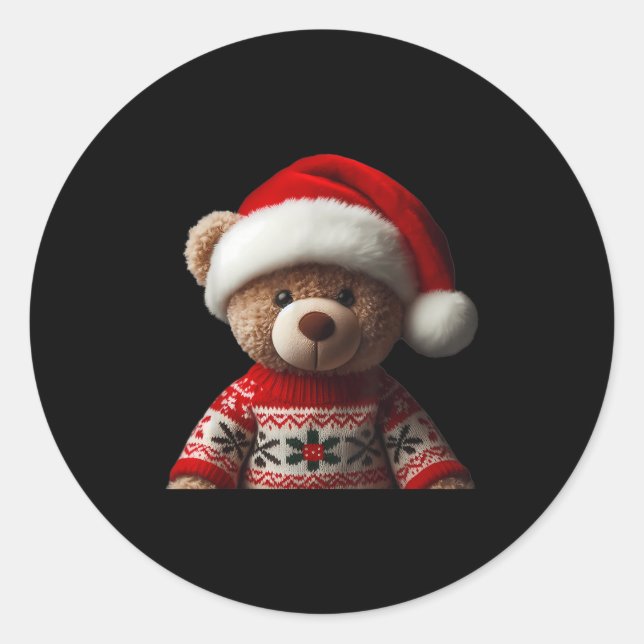 Sticker Rond Teddy Bear With Santa Hat Christmas Xmas Lover Kid (Devant)