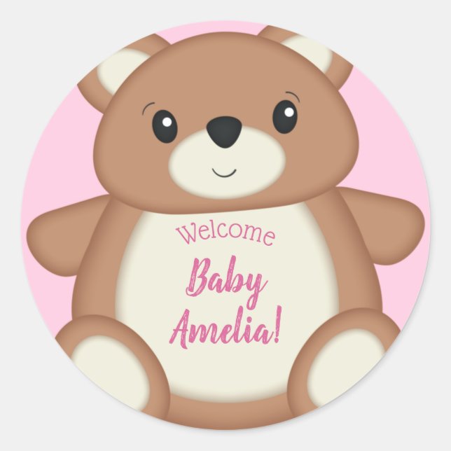 Sticker Rond Teddy Ours Baby shower Rose fille (Devant)