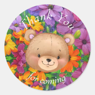 Sticker Rond Teddy Ours Fleurs Filles Merci