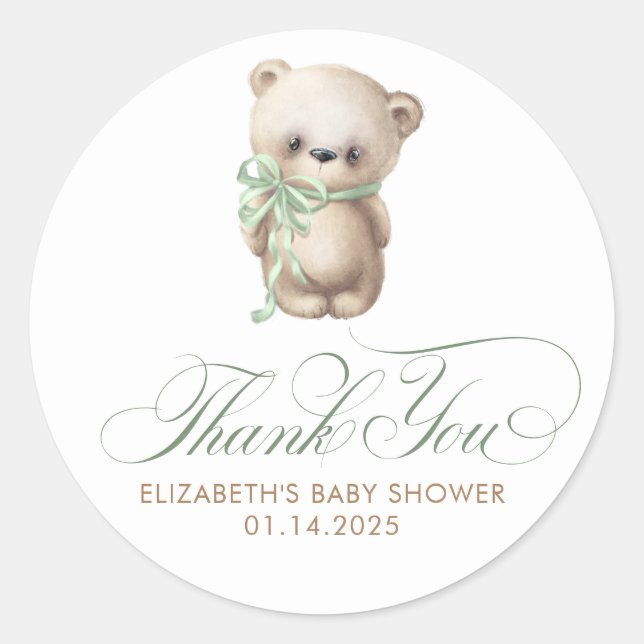 Sticker Rond Teddy Ours mignon Brown Sage Baby shower Merci (Devant)