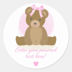 Sticker Rond Teddy Ours mignon rose Cheveux Bow Baby Girl Douch