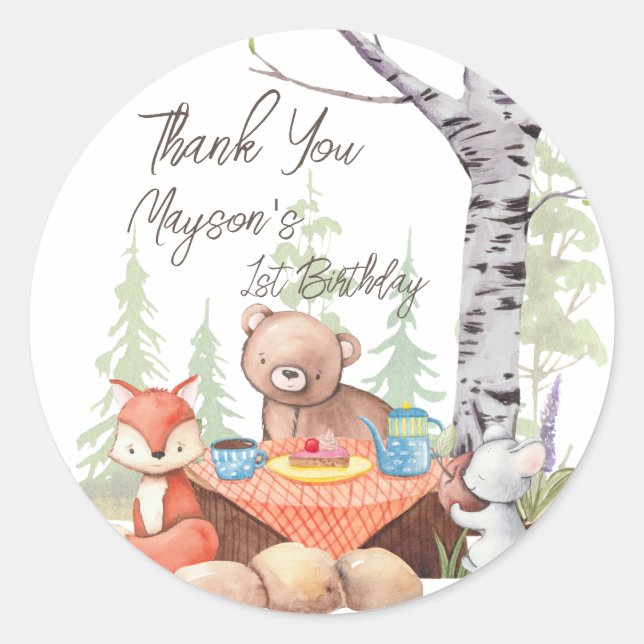 Sticker Rond Teddy ours pique-nique bois forêt animaux sur mesu (Devant)