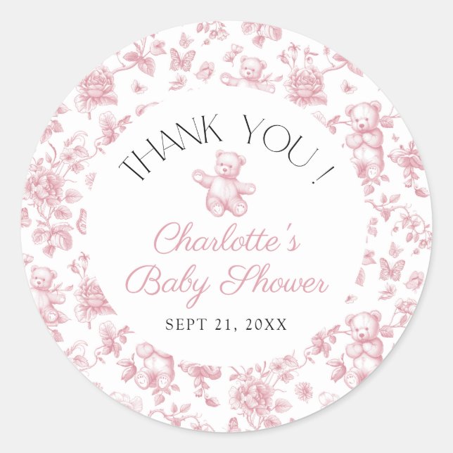 Sticker Rond Teddy Ours rose Toile fille Merci Baby shower (Devant)