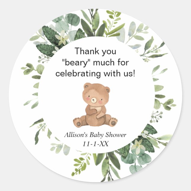 Sticker Rond Teddy ours verdure baby shower mignon merci (Devant)