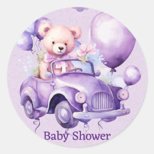Sticker Rond Teddy Ours Violet Ballons Voiture Baby shower fill
